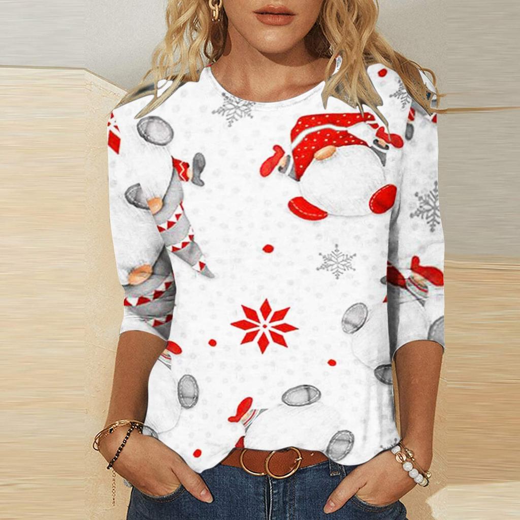 Damen-T-Shirt mit modischem Weihnachtsdruck, lässig, langärmelig, Rundhalsausschnitt