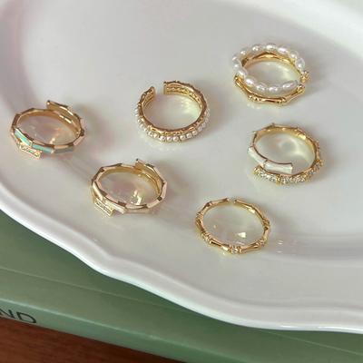 Korean Style Simple Zircon Bamboo Ring Women's Open Adjustable Niche High-Grade Unique Western Style Pearl Ring Fashion