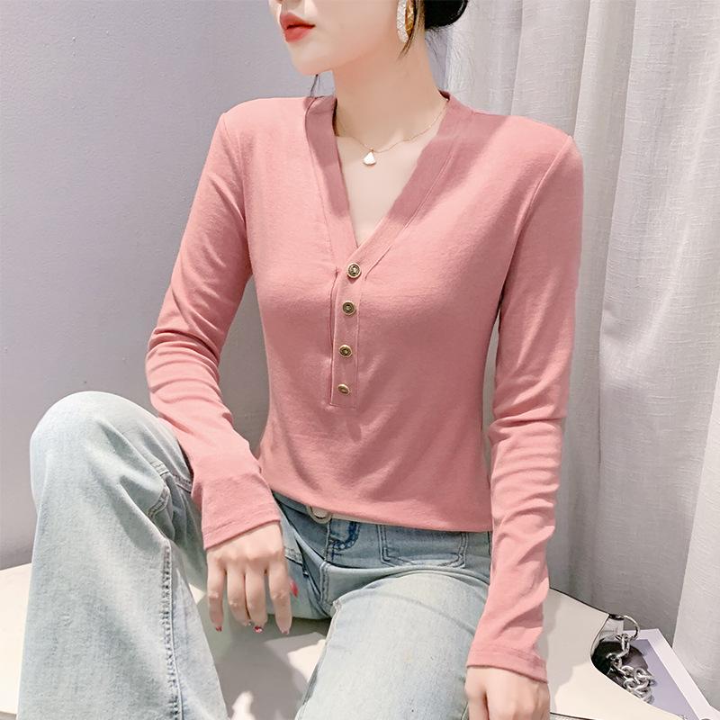 Sexy V-neck Button Long-sleeved T-shirt for Women's Winter New Fashionable and Versatile Base Shirt Slim Body