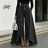 Simple Design Women Trousers Pants High Waist Buttons Zipper Closure Denim with Everyday Pockets Irregular Large Hem Wide Leg Solid Color Casual Loose