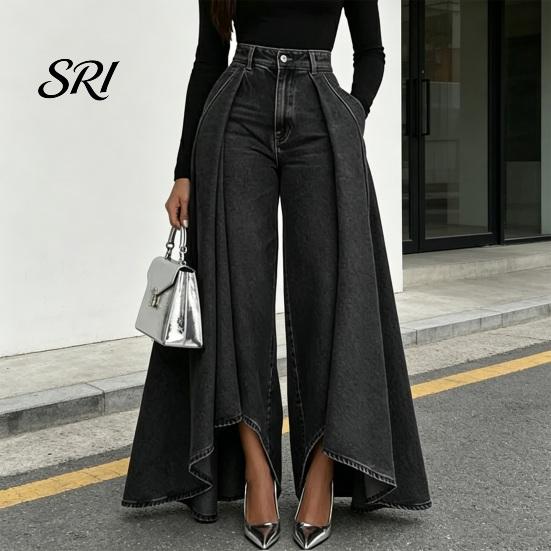 Simple Design Women Trousers Pants High Waist Buttons Zipper Closure Denim with Everyday Pockets Irregular Large Hem Wide Leg Solid Color Casual Loose