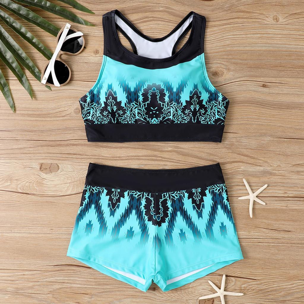 Two Piece Women Swimsuit Tankini Top with Padded Cups Wireless Support Swim Shorts Set Printed Design Comfortable Fit