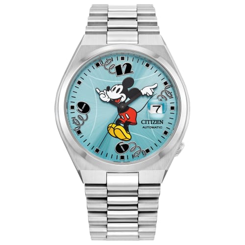 

Автоматичний годинник Citizen Uni Tsuyosa Mickey Mouse з циферблатом «сонячні промені» небесно-блакитного кольору та корпусом з нержавіючої сталі (Модель: NJ0156-50L), Сріблястий тон, класичний стиль