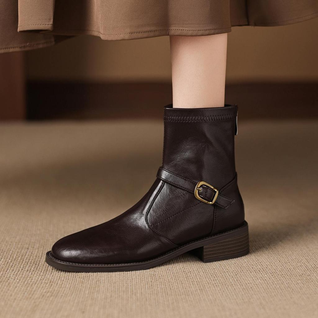 Krazing Pot Microfiber Winter Round Toe Western Boots Med Heels Zipper Women Metal Buckle British School Ankle Boots