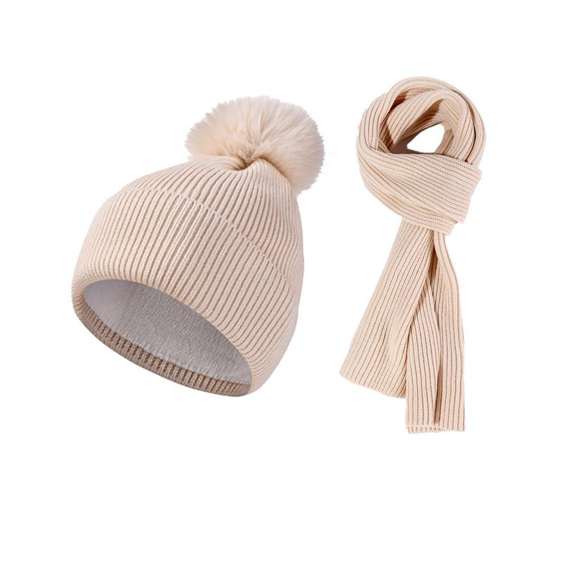 Autumn Winter Knitted Hat Scarf Two-Piece Set Women's Velvet Wool Hat Warm Pullover Hat Long Scarf Set