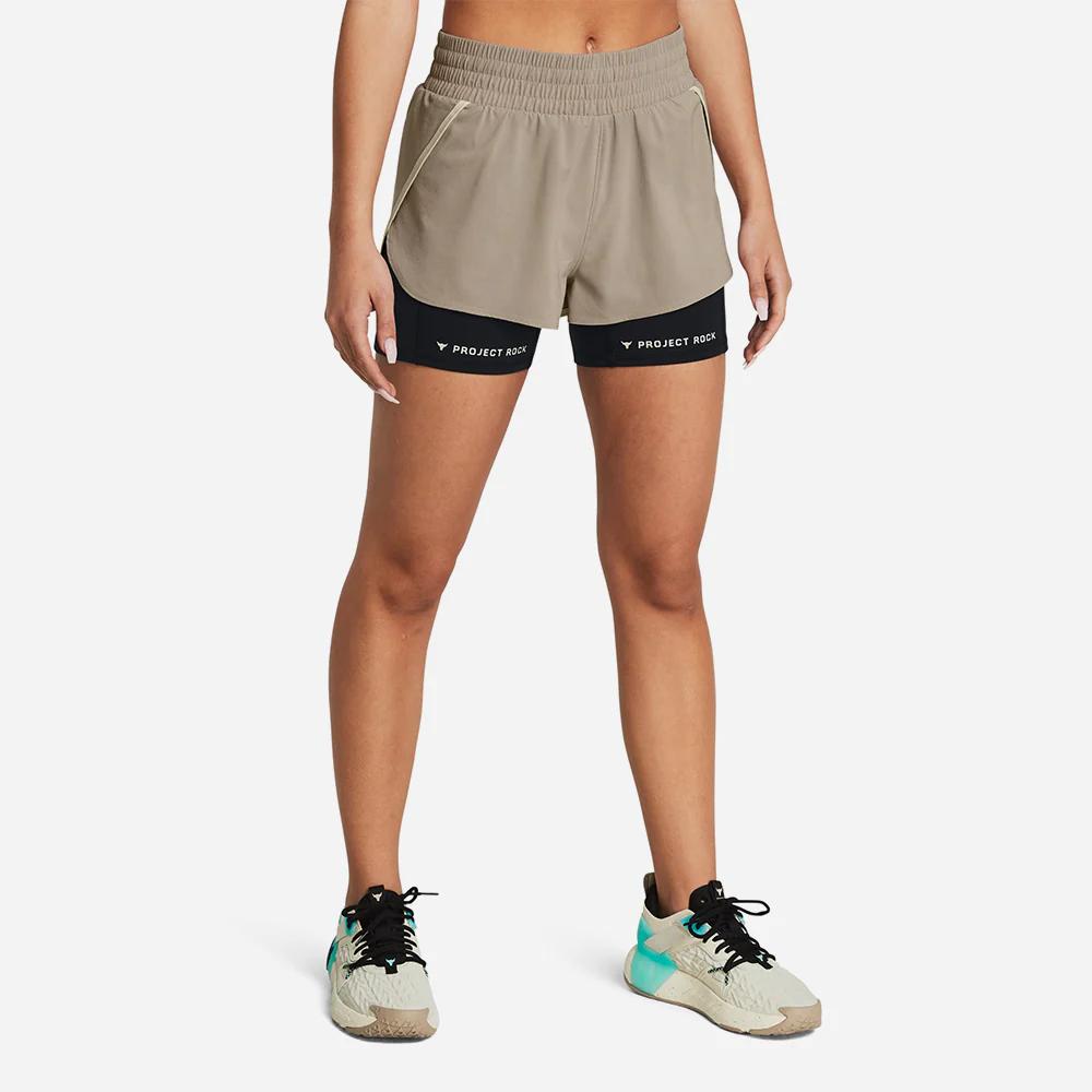 Under Armour Project Rock Color Block Elastic Waist Woven Training Two-In-One Shorts Women Shorts Khaki 1380188-203