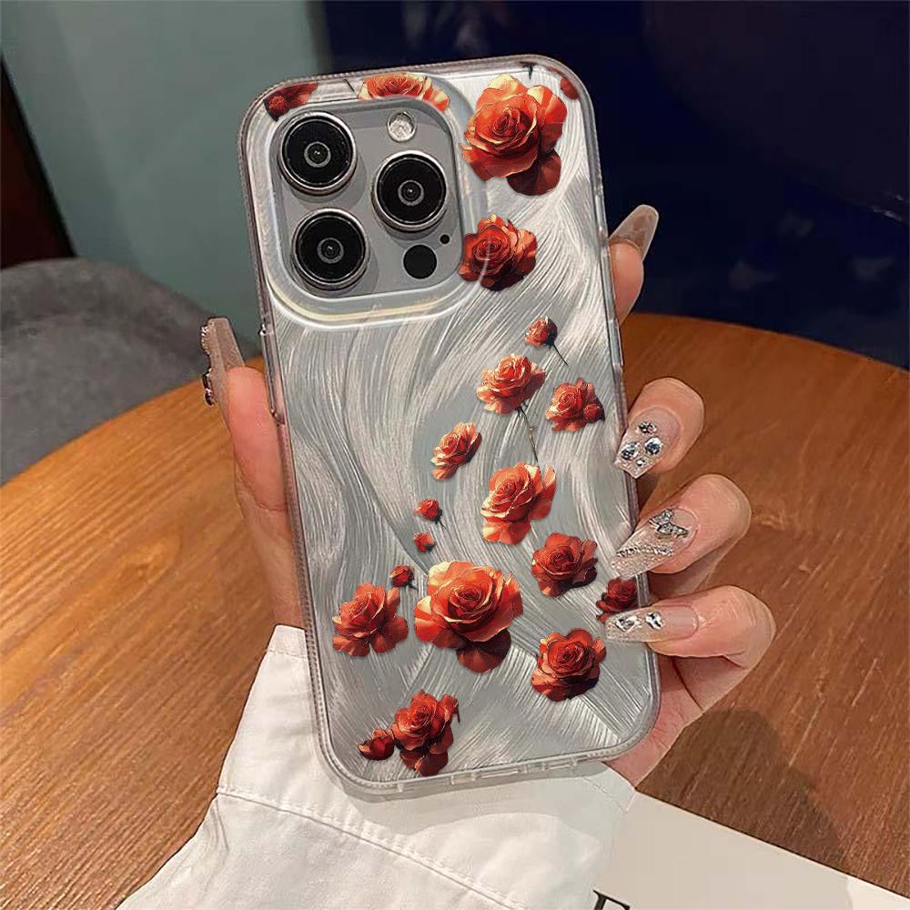 Red rose print Phone Case For iPhone 16 11 13 15 Pro Max 14 Plus 12 14promax 13promax 16E X XR 7 8 Silicone Shine Covers