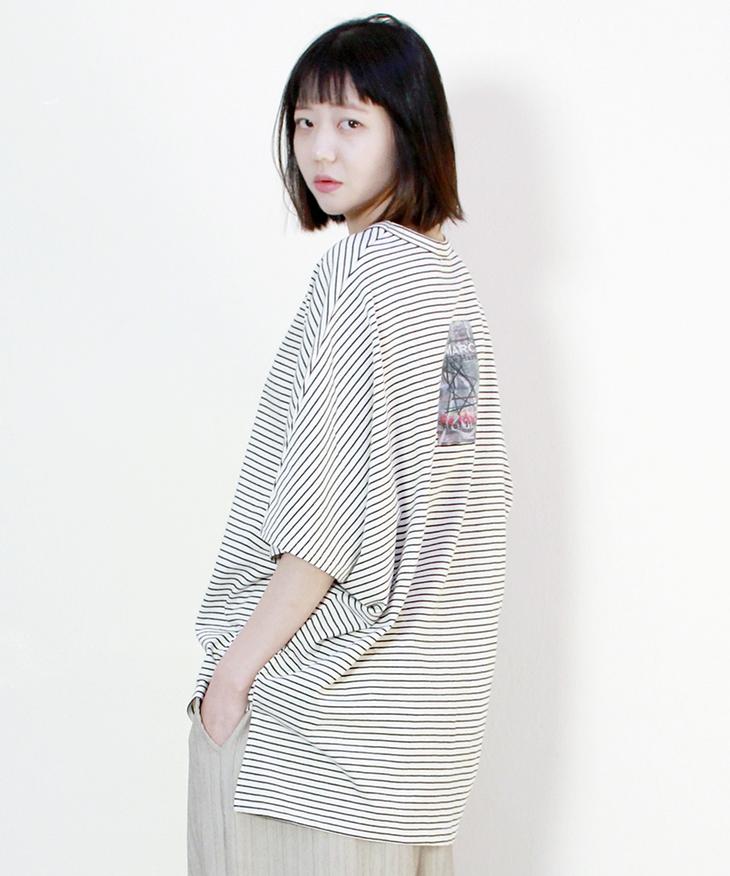 Deumakeu Pinstripe French Sleeve Oversized Short Sleeve T-Shirt Ivory