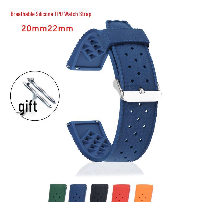 Breathable Silicone TPU Waterproof Sweatproof Unisex Watch Strap - Fits All Brands, 20/22mm