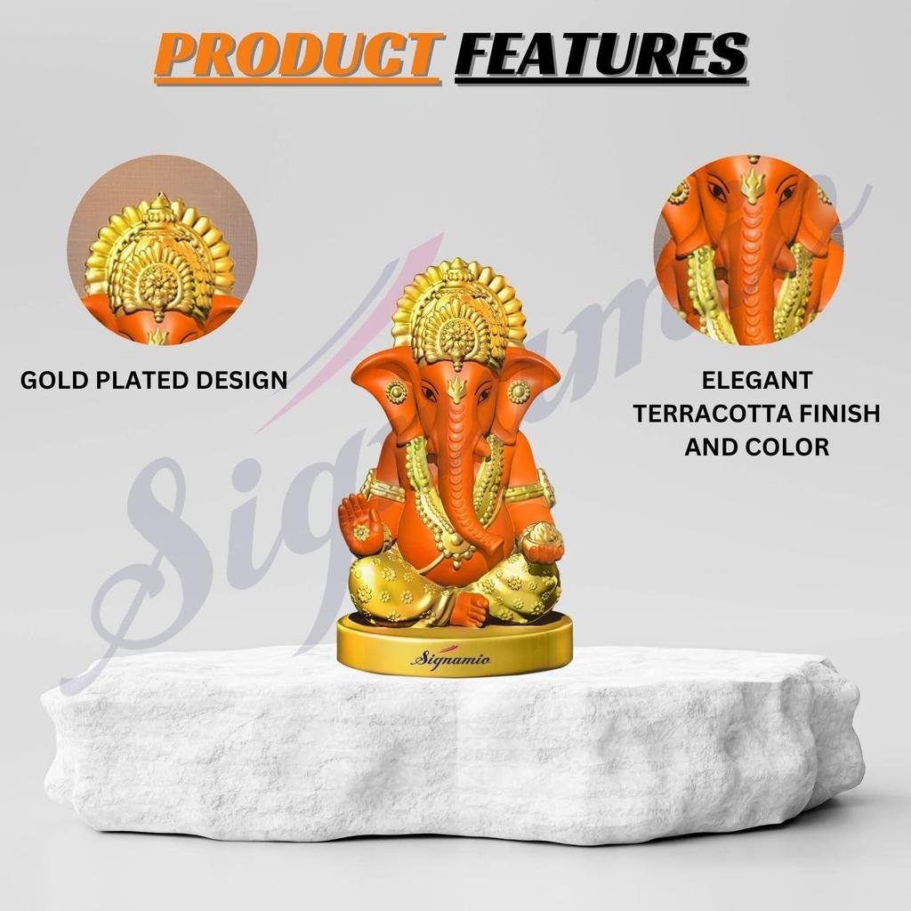 Handcrafted Orange Ganesha Idol for Car Dashboard Item: Ganesh Ji, Ganpati Bappa Murti for Home Decor - Exquisite Car God Idols