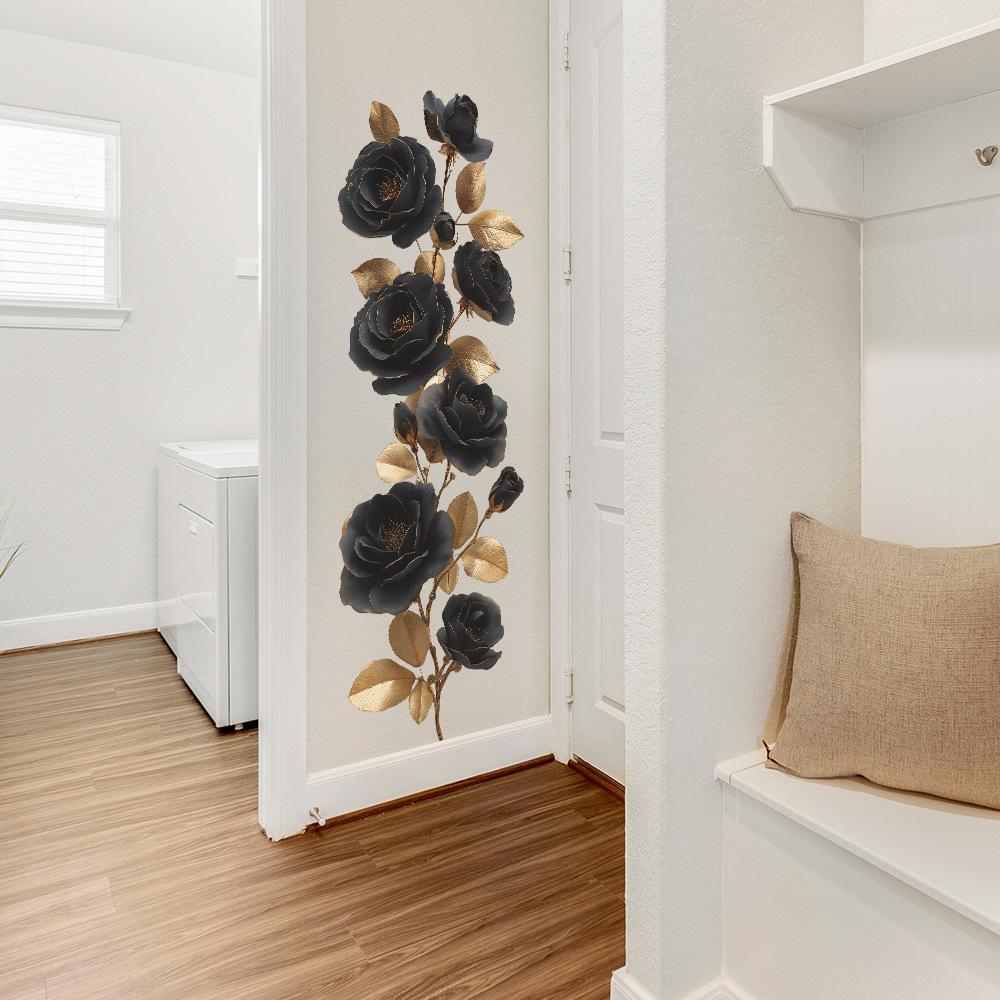 Personalized Black Rose and Gold Leaf Bathroom Wall Decoration Stickers