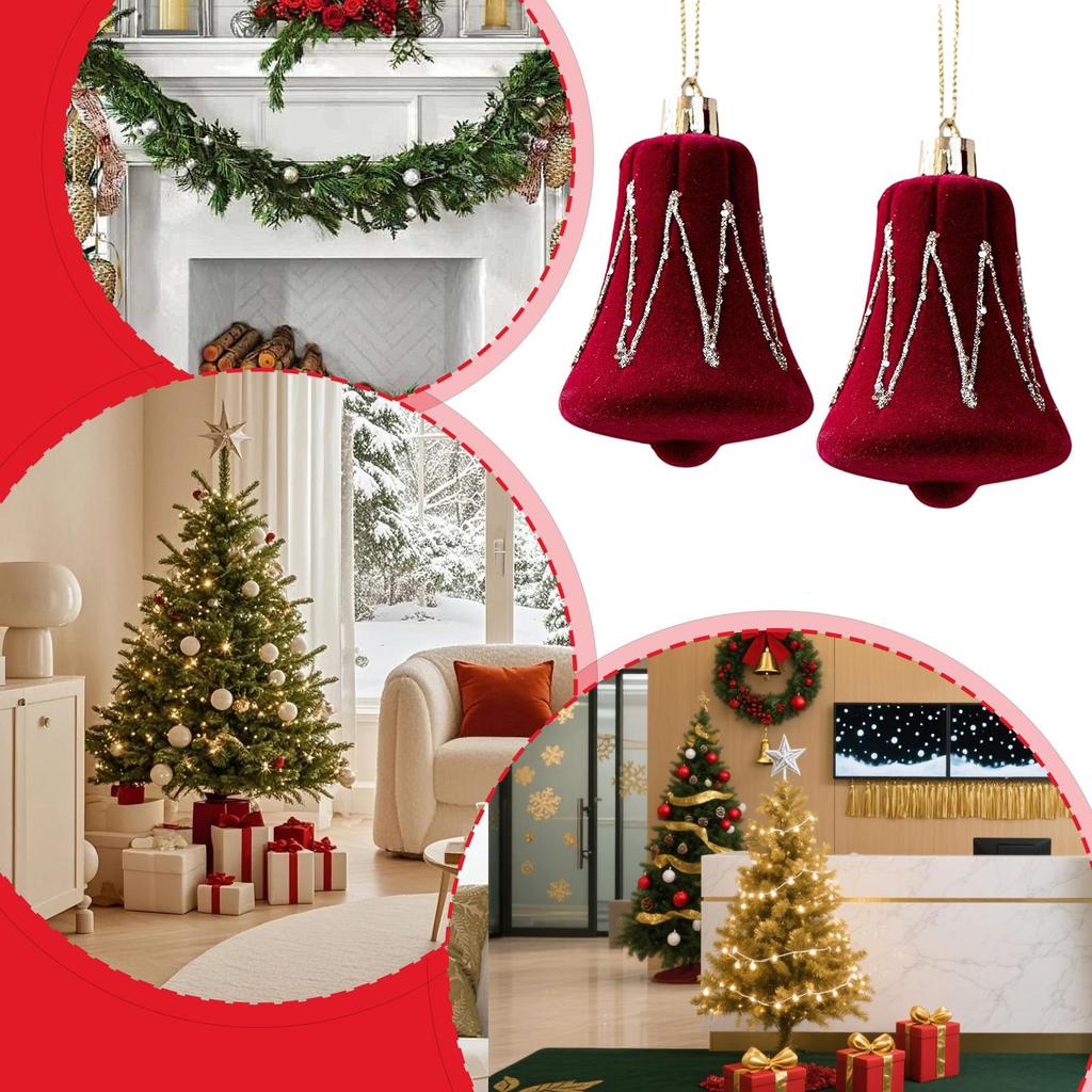 Velvet Christmas Ornaments 2PCS Red Flocked Christmas Ornaments Flocked Painted Candy Cane Bow Bell Decor Holiday Scene Decor