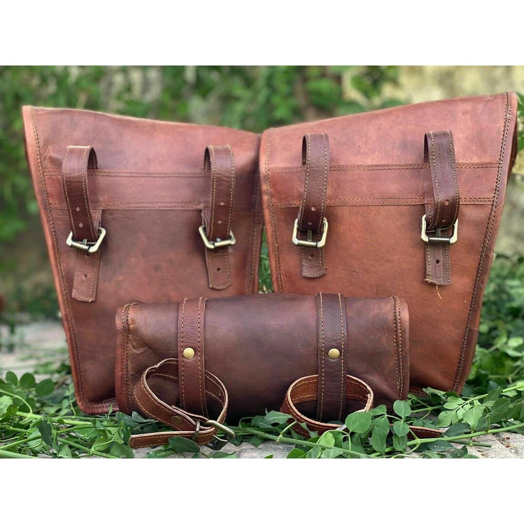 Motorcycle 3 Saddle Side Bags Sassy Bar Handlebar Luggage Tool Goat Leather
