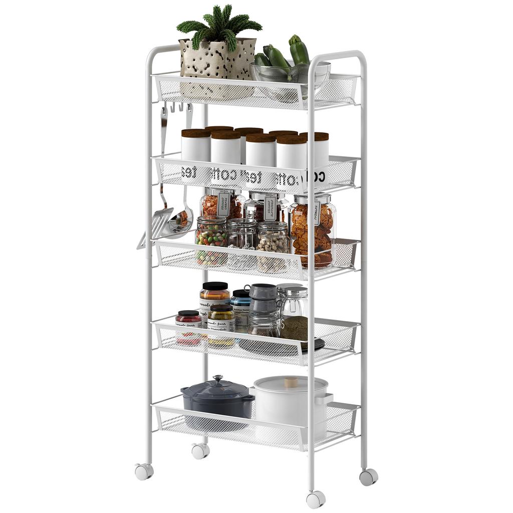 Five-Steel Mesh Basket Storage Trolley, with Wheels - White
