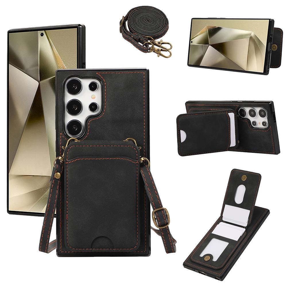 

For Samsung Galaxy S24 Ultra Case Card Holder Kickstand Leather+TPU Phone Cover with Shoulder Strap Black
