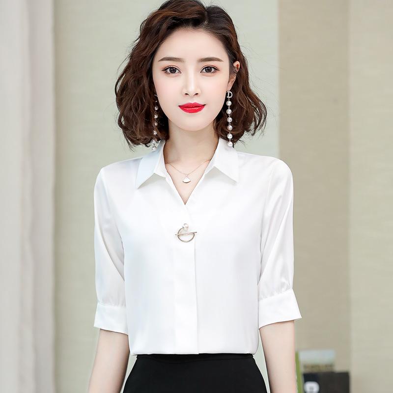 

Женская летняя белая шифоновая блузка с V-образным вырезом 2024 - Универсальный, повседневный, профессиональный топ с коротким рукавом S белый