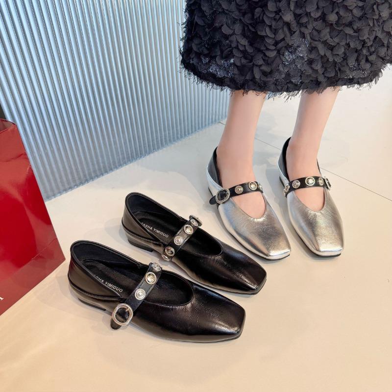 Silver single shoes women's spring new square head light mouth patent leather retro fashion soft surface flat shoes women