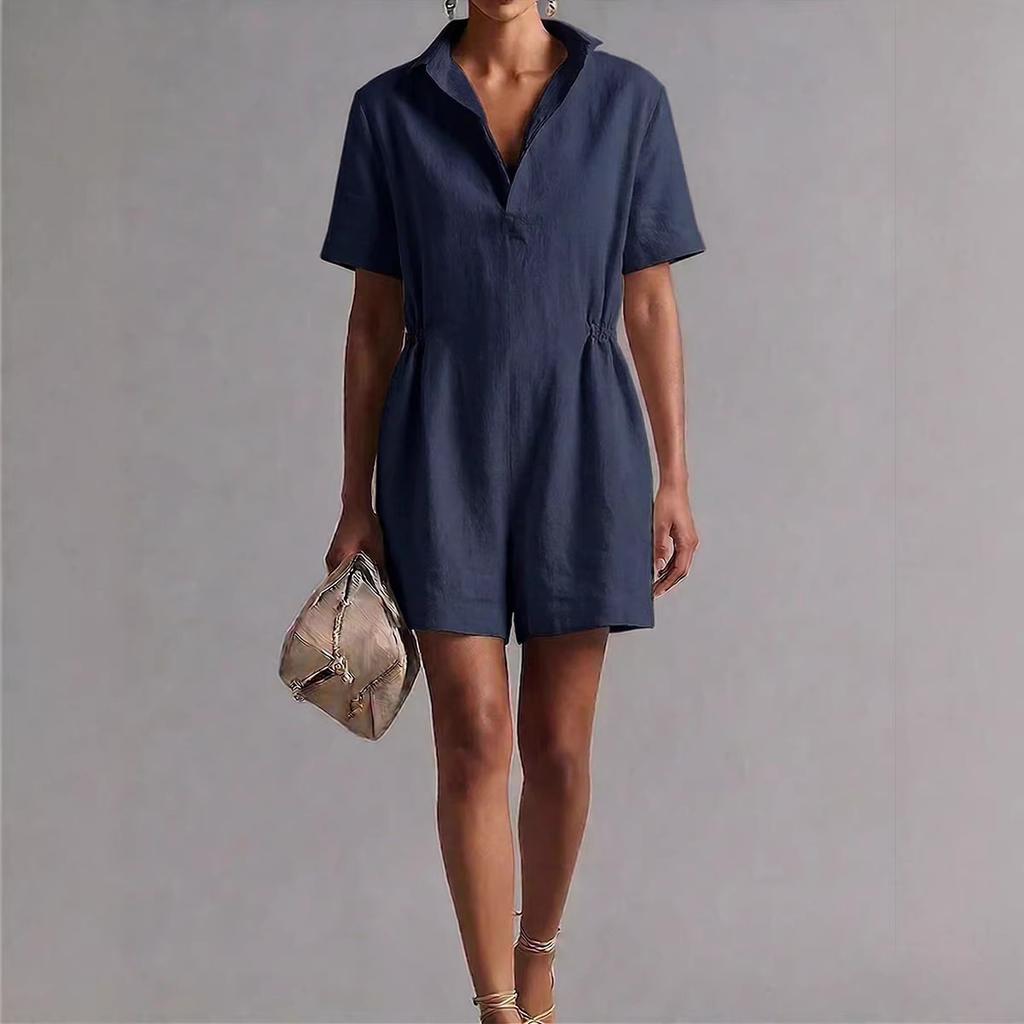 Cross-border European and American casual onesie shorts women's 2026 new short-sleeved waist loose and thin cotton and linen casual wide legs
