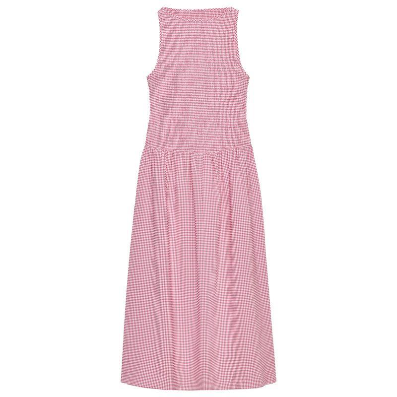 

Zaprha 2025 Summer New Waist Hugging Slimming Vichy Plaid round Neck Sleeveless Midi Dress 3067229 Pink/White L