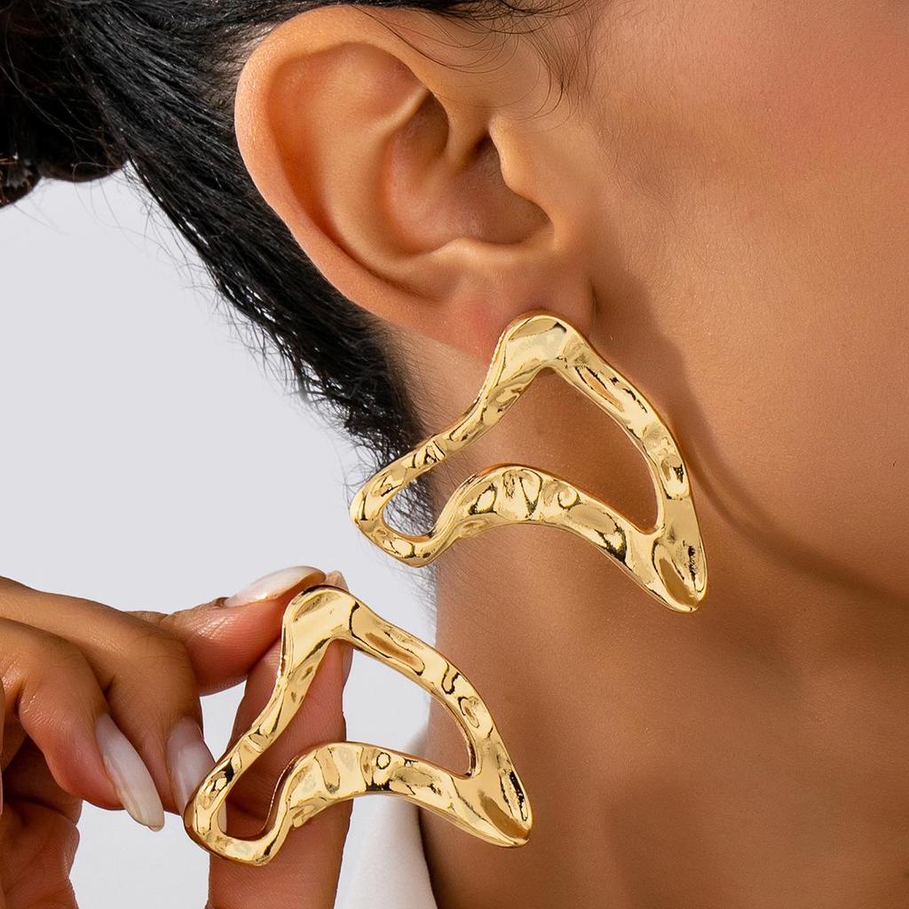 2026 European Style Geometric Hollow Metal Earrings for Women - Irregular, Exaggerated Design