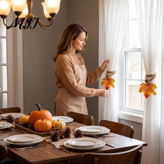 Rustic Autumn Room Accents Maple Leaf Curtain Tieback, Farmhouse Holder, Adjustable Rope Holders Decorative Drapery Holdback for Living Bedroom Decor