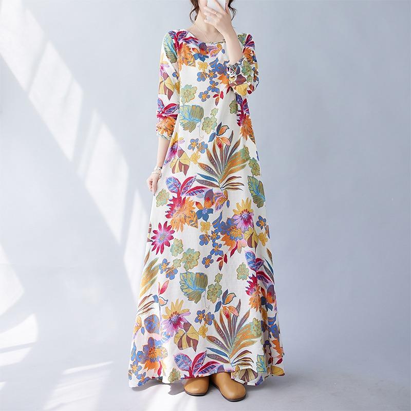 Real autumn new literary large size loose printing round neck long sleeve dress women's long dress