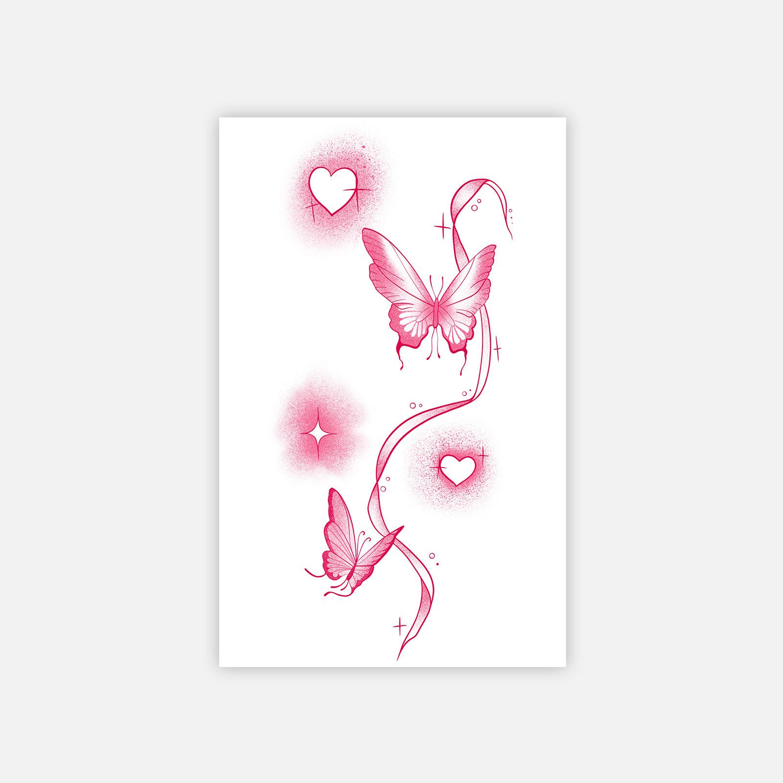 Sweet And Cool Babes Personality Dopamine Pink Butterfly Love Ribbon Tattoo Sticker 12*19