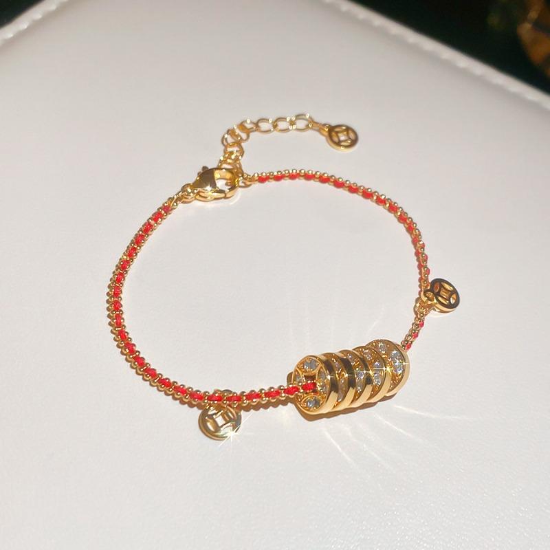 Real gold electroplated woven rope copper coin bracelet new Chinese style retro temperament bracelet light luxury high-end jewelry women
