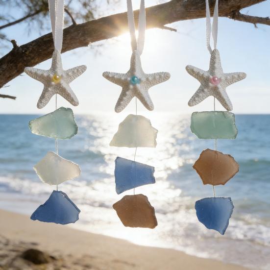 3Pcs Seaglass Hanging Decoration Handmade Bohemian Coastal Nautical Starfish Sea Glass Art Home Office Beach House Wall Ornament Pendant