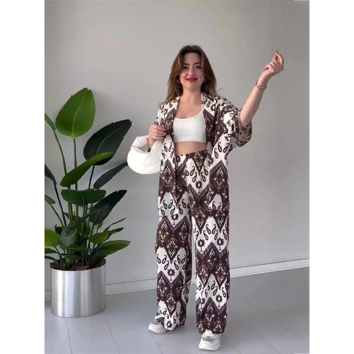 Tem Women's 2024 Summer New Loose Large Size Printed Medium Sleeve Shirt Wide Leg Pants Casual Suit Women