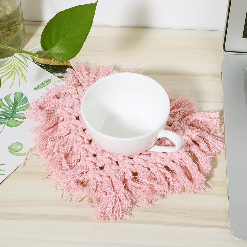 Household Kitchen Cotton Coffee Cup Coaster with Tassel Heat Insulated Pad Placemat Decoration(Pink Heart Shaped)