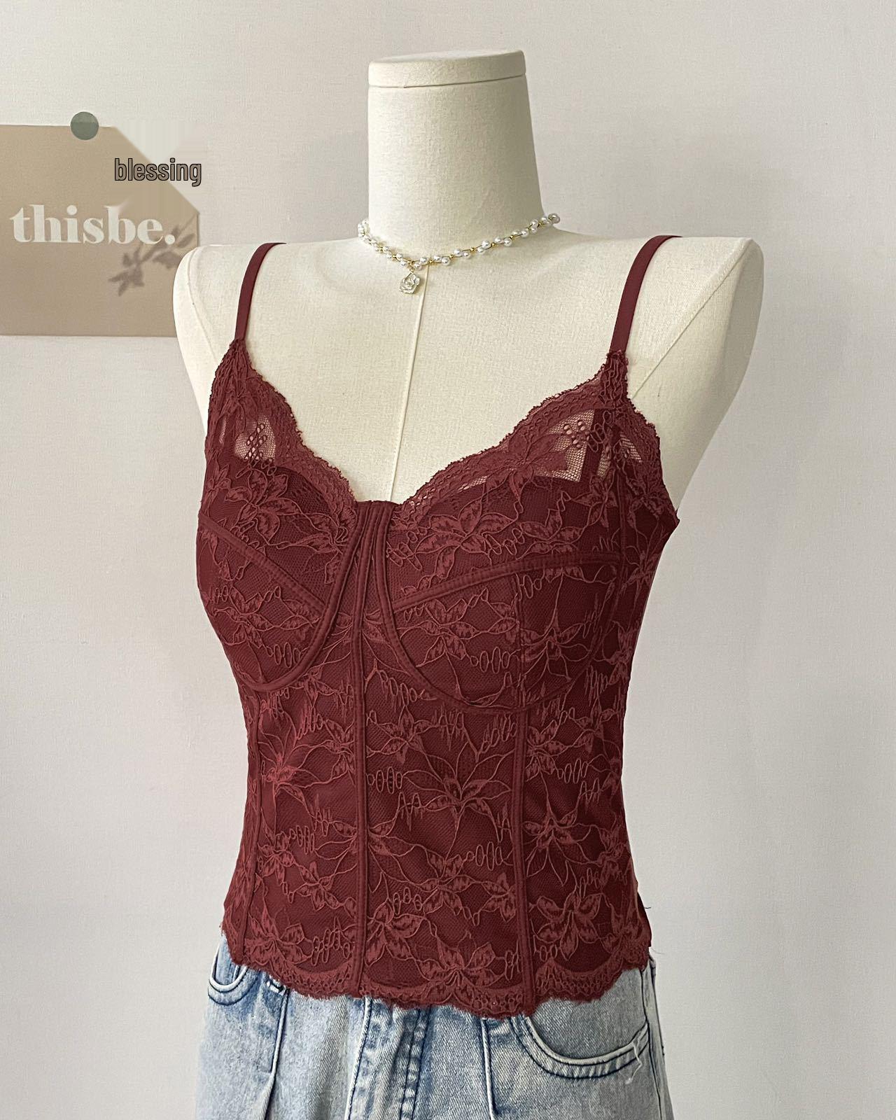 Women s Fishbone Lace Camisole with Padded Cups – Stylish Back, Light Spring/Summer Layer M [90-110 lbs]