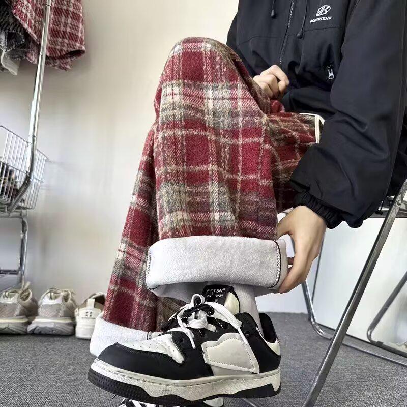 

2024 Мужские брюки в стиле ретро из плотной шерсти в клетку с широкими штанинами — свободные, прямые, повседневные осенние брюки L