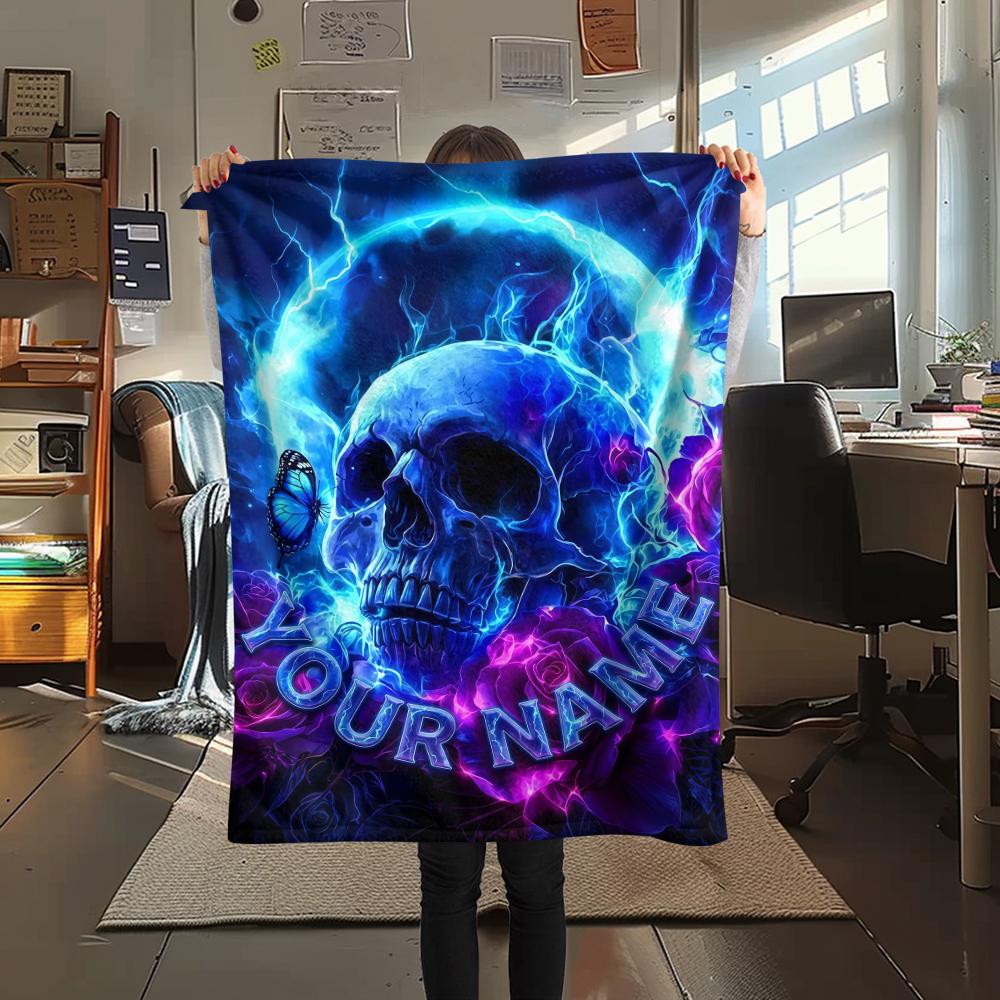 1PC Custom Name Skull Warrior Artwork Patterned Flannel Blanket Suitable For All Seasons for Home Decor Warmth and Comfort Gifts Holiday Present_lx