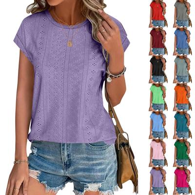 Kadın Üstler Kısa Kollu Tişörtler Baskılı Bluz Şık Günlük Ajur İşleme Yaz Moda Giyim