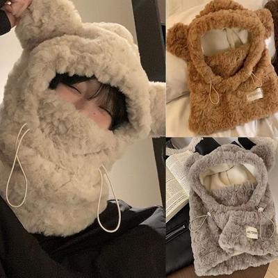 Fashion  Women Winter Plush Bear Ears Beanies Hat Keep Warm Neck Cover Hooded Scarf Pullover Hat Thickened Bib Mask Set Outdoors