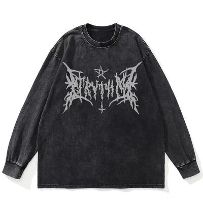 Streetwear Letters Graphic Washed Black T-Shirt Cotton Unisex Plus Size Long Sleeves T Shirt