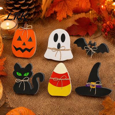 Durable Wooden Halloween Decor 6Pcs Tiered Tray Decor, Ghost Black Cat Mummy Figurines, Pumpkin Witch Shelf Hat Bat Ornaments for Table, Party Holiday