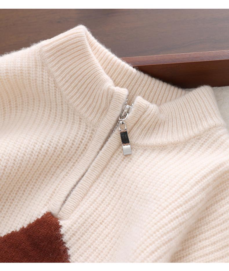 Kids' Cherry Jacquard Wool Pullover Sweater, Unisex Half-Zip Ribbed Base Layer