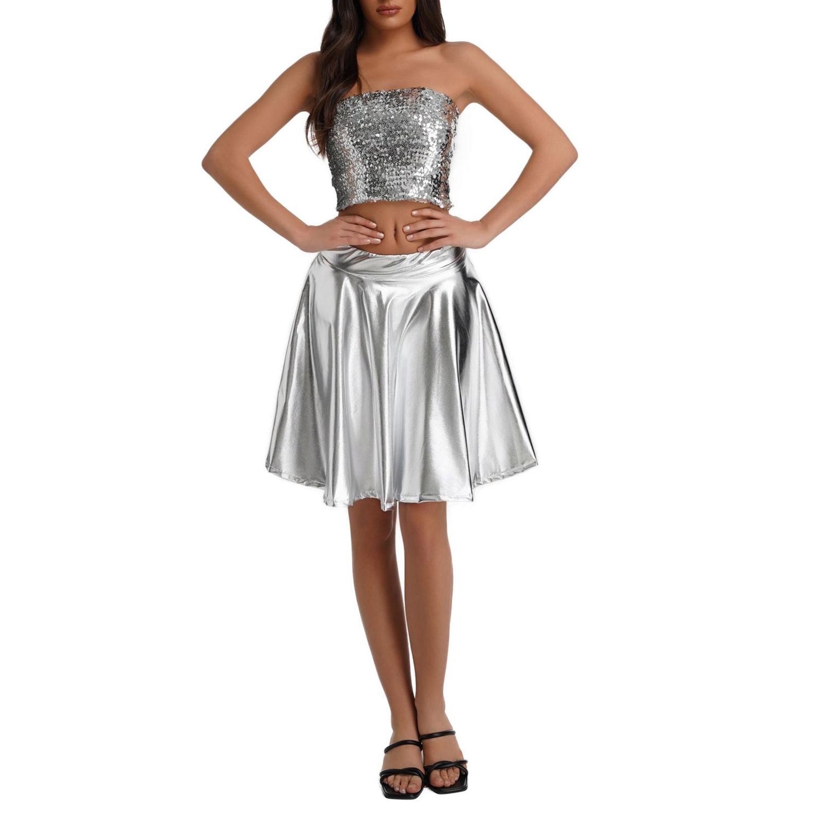 

Women s Sequined Top, Full Skirt, Pleated Skirt, Performance Costume, Stage Costume M серебряный