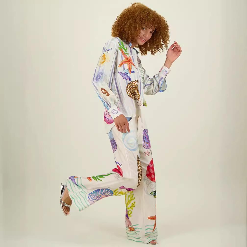 Satin Print Loose Pants Sets Women Causal Long Sleeve Shirts Two Piece Sets Female Outfits Streetwear