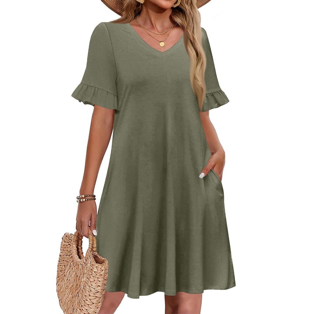 Women A Line Sun Dress Short Sleeve V Neck Dress With Pockets