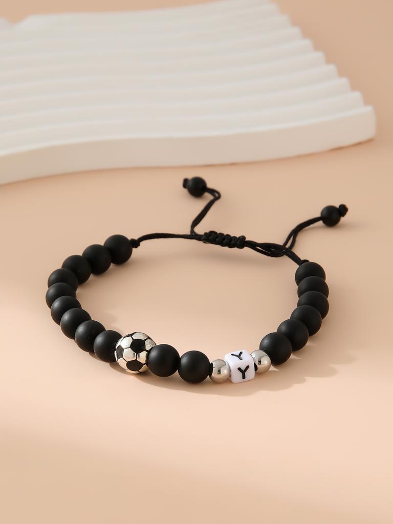 Mattschwarzes Fußball-Alphabet Verstellbares Perlenarmband Unisex Sport-Armband Schmuck
