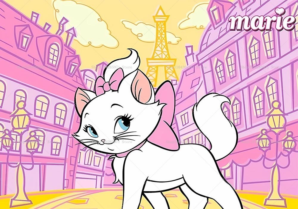 Beautiful cat Marie birthday background poster, cartoon white cat theme for girls birthday party decorations, photo background accessories.