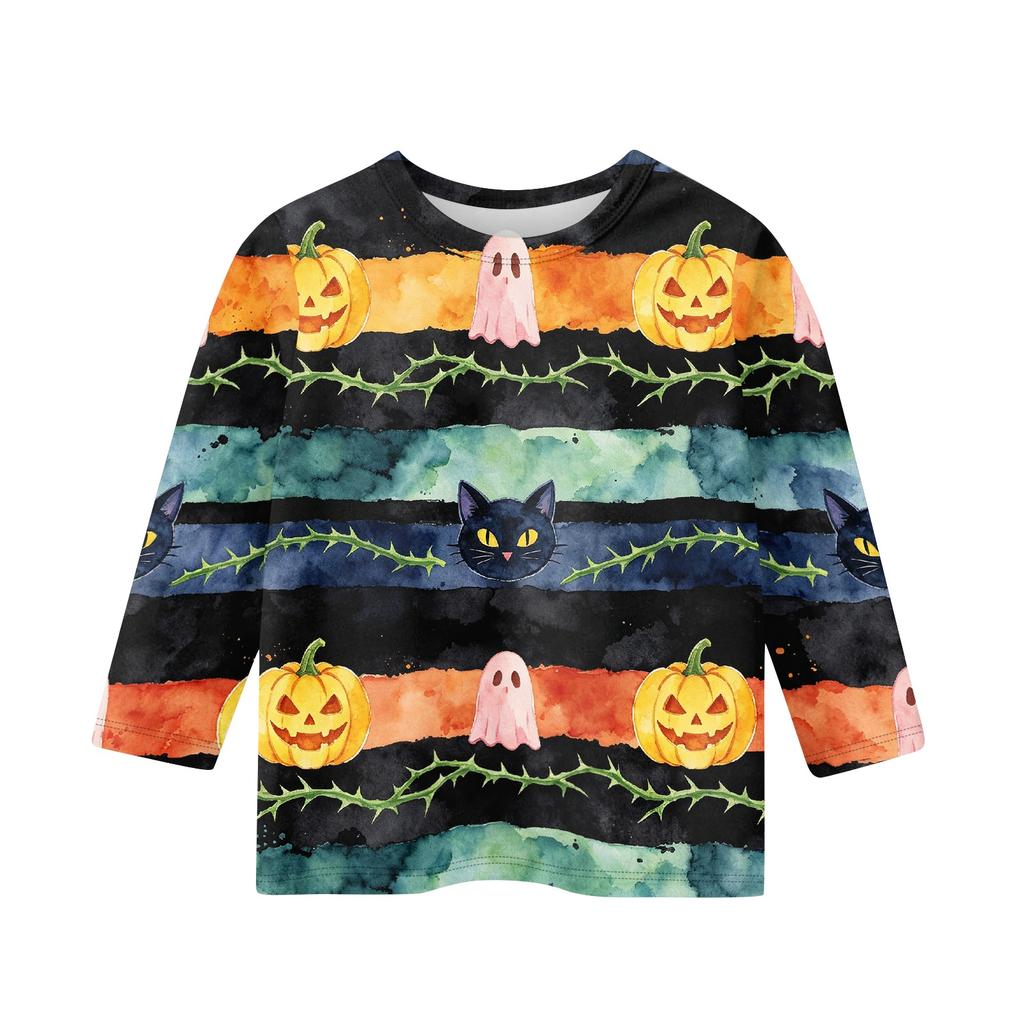 Kids' Halloween Printed Round Neck Three-Quarter Sleeve Casual T-Shirt