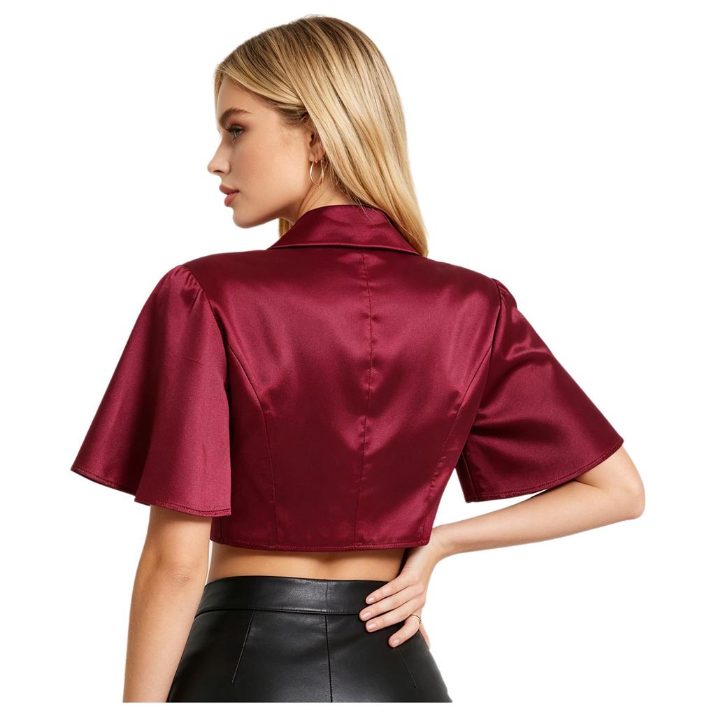 Women Satin Jacket Top Lapel Collar Flutter Sleeve Front Button Blouse Victorian Style for Casual Daily Party Wear