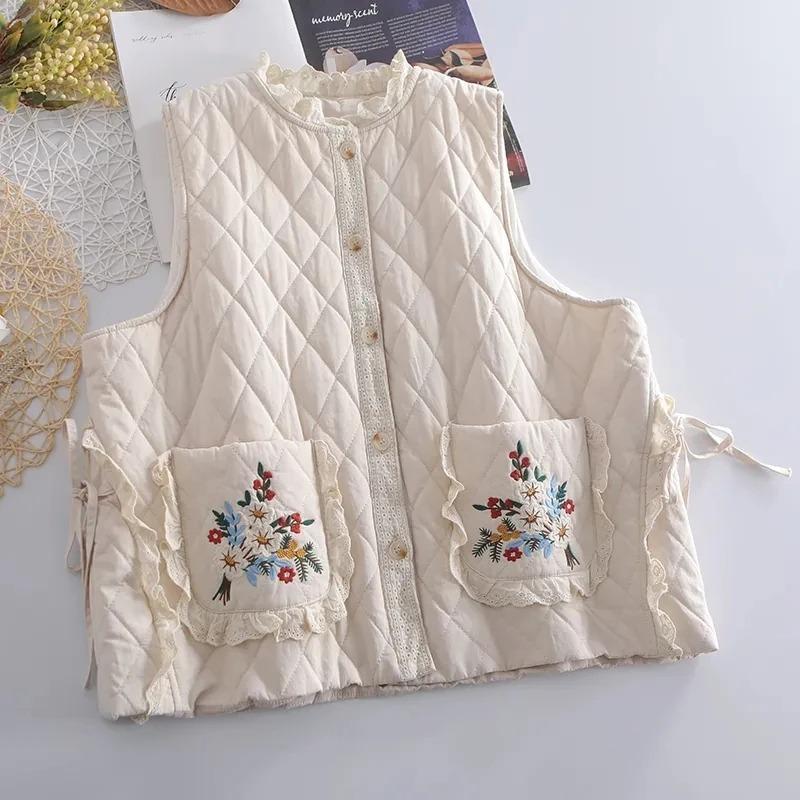 Autumn Winter Sleeveless Lace Casual Women's Down Cotton Vest Coat Advanced Korean Version Ladies Waistcoat Jacket