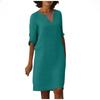 Cotton Linen V-neck Spliced Vintage Color Seven-eighths Sleeve Dress Cotton Linen Wash Creased Fabric