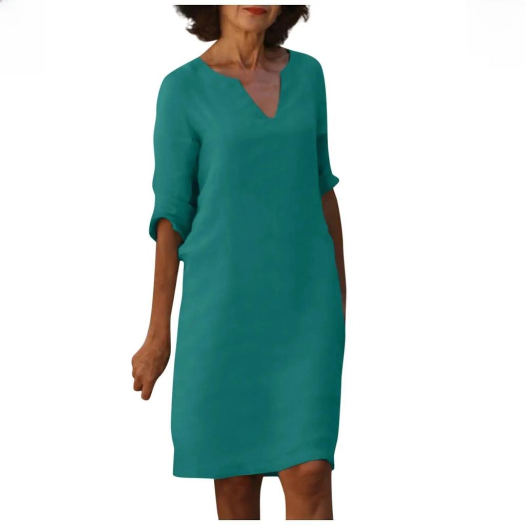 Cotton Linen V-neck Spliced Vintage Color Seven-eighths Sleeve Dress Cotton Linen Wash Creased Fabric