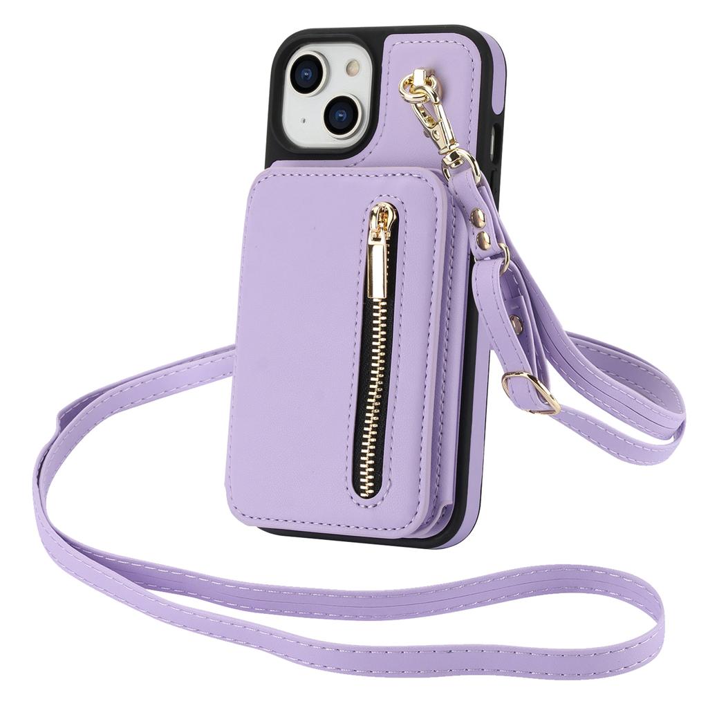 For iPhone 13 Case Zipper Pocket Kickstand Leather+TPU Phone Cover with 2 Straps